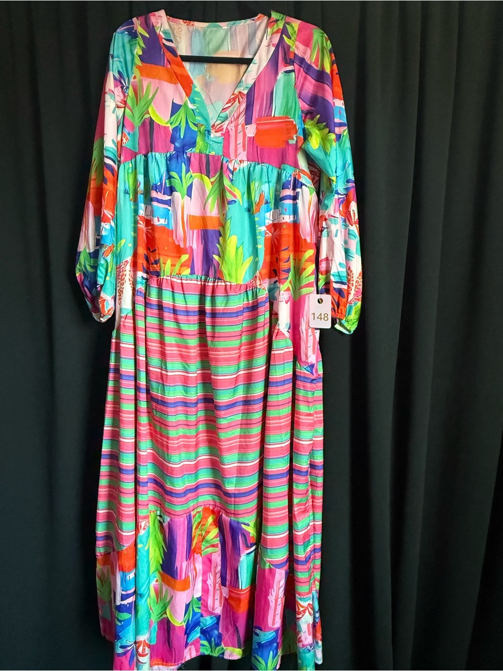 Tropical Stripe Maxi Dress in Pink & Teal